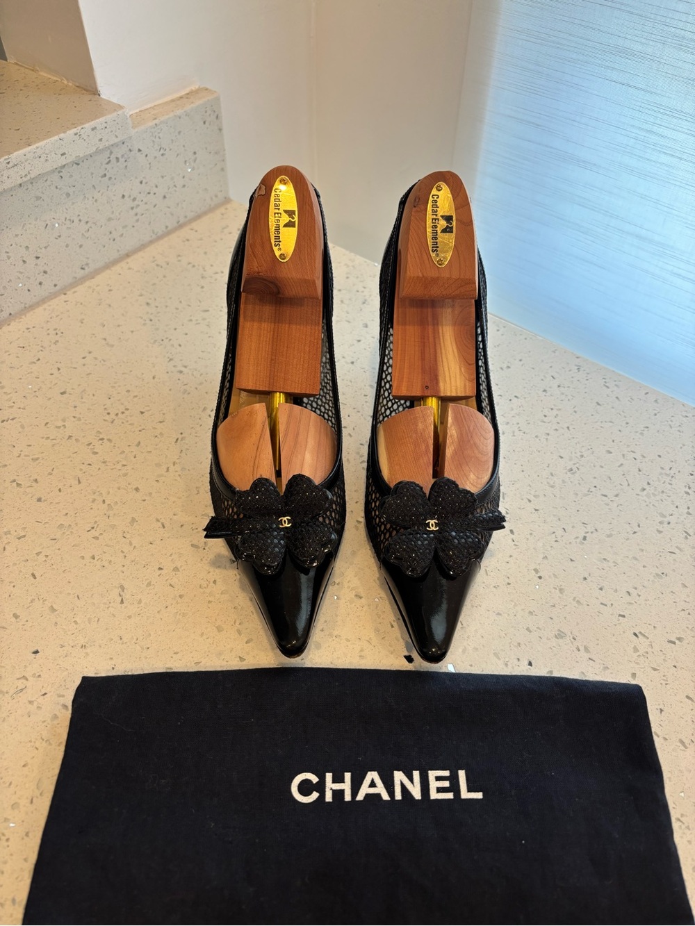 CHANEL Black Patent Pointed Toe Floral Bow Pumps